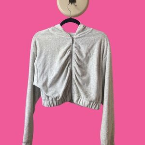 Juicy Couture Heather Grey Velour Cropped Ruched Zip Up Hoodie Size Medium